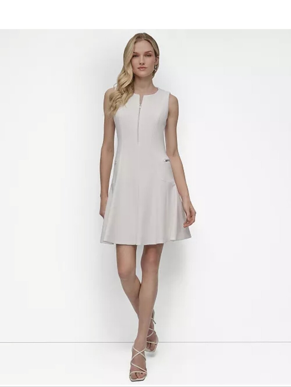 DKNY Ivory Fit & Flare Dress Sleeveless Zip Front Pockets Women's Size 2